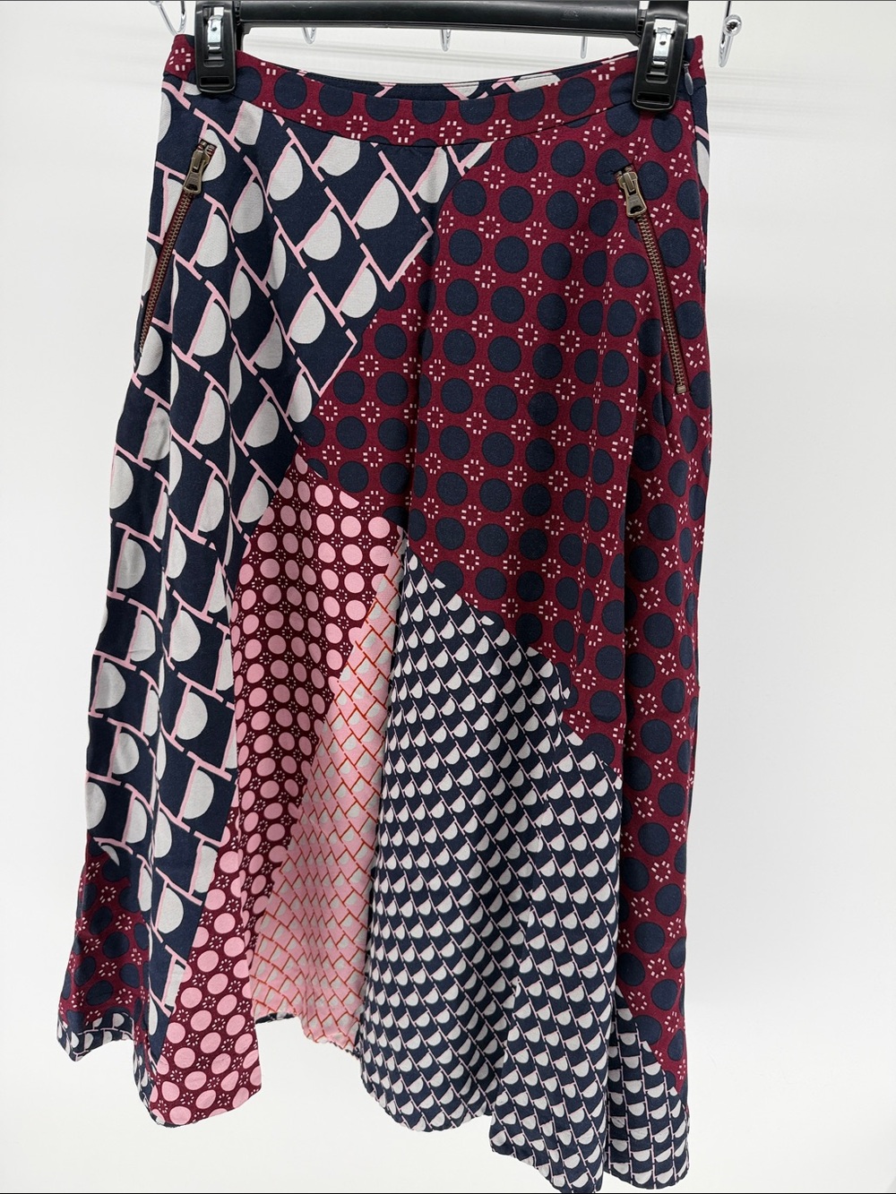 HD in Paris Navy and Pink Mixed-Print A-Line Midi Skirt Anthro size 2